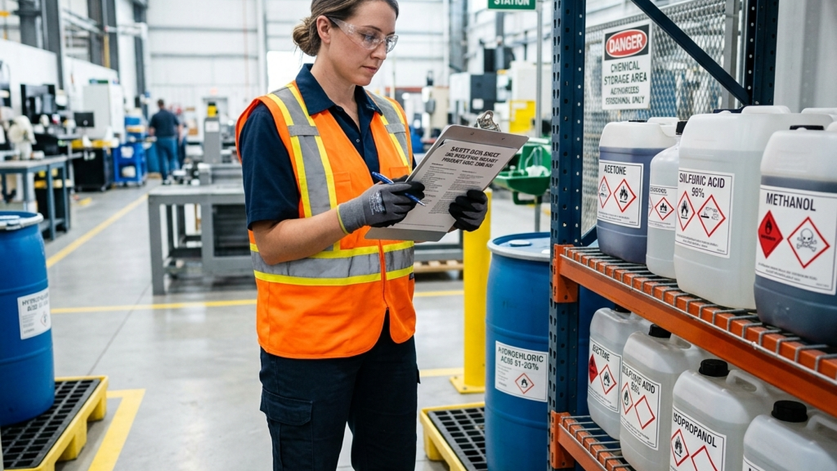A worker reading a chemical safety data sheet next to labeled containers